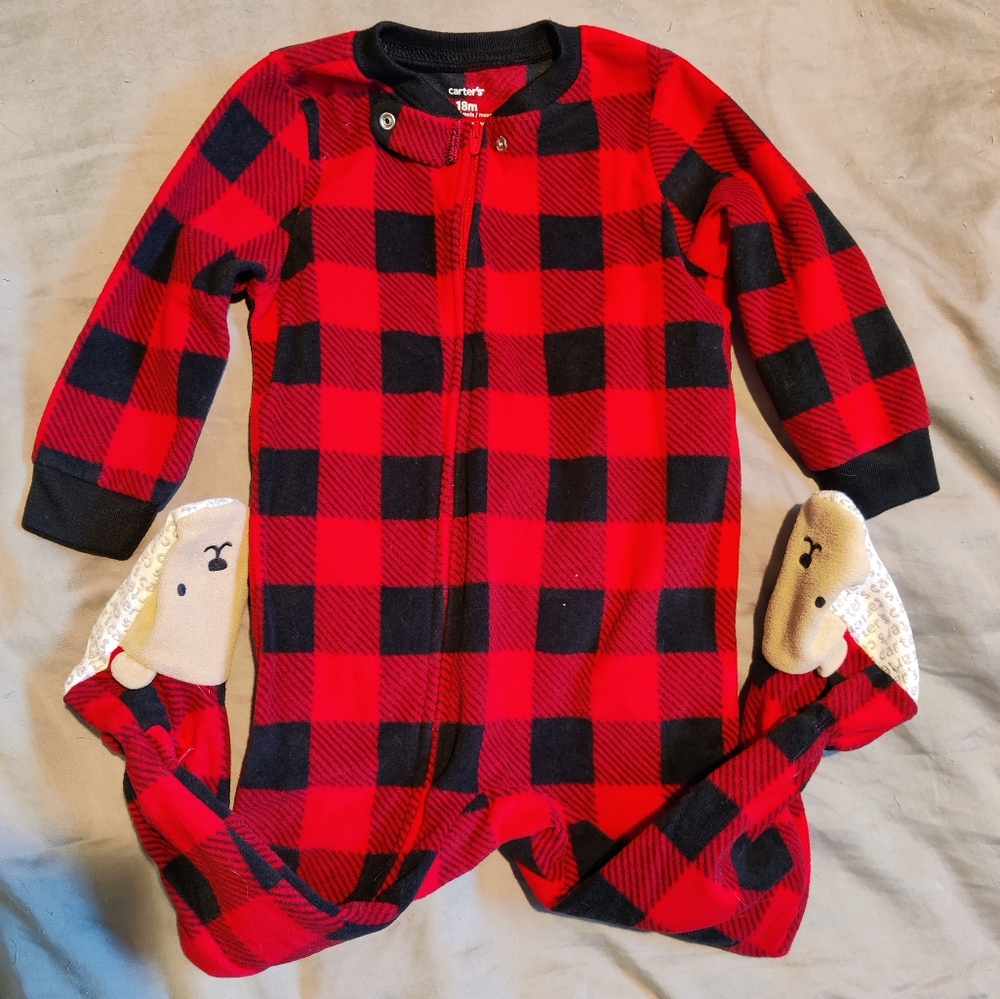Carter's 18m One Piece footsie - red/black gingham with teddy bear feet